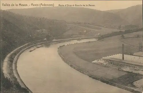 Revin Panorama-Ansicht mit Maaslauf und Fabrik mit Schornstein 1915