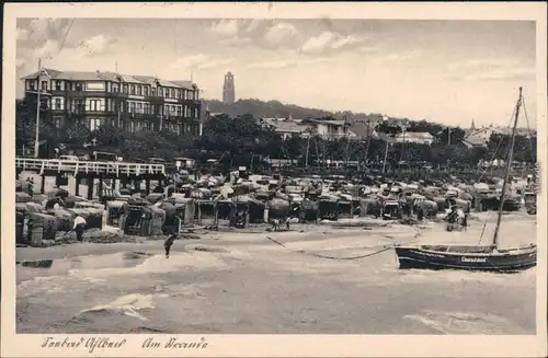 Ansichtskarte Ahlbeck (Usedom) Strand mit vielen Strandkörben Hotel Turm 1943