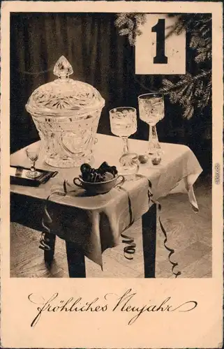  Glückwunsch - Neujahr/Sylvester: Bowlekrug, Gläser auf Tisch 1936