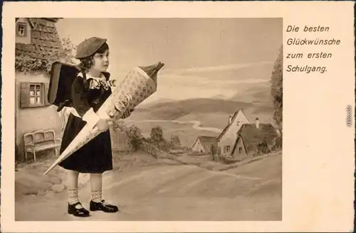  Glückwunsch - Schulanfang/Einschulung: Mädchen mit Zuckertüte 1937