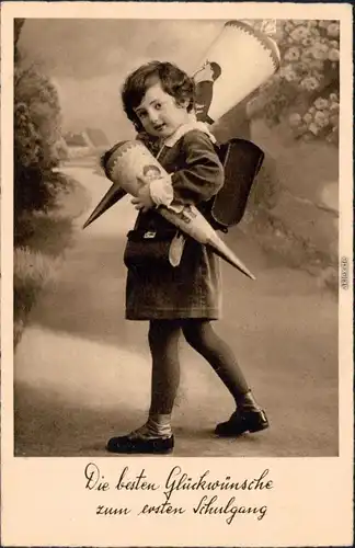  Glückwunsch - Schulanfang/Einschulung: Mädchen mit Zuckertüte 1930