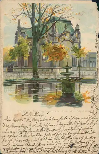 Altstadt Dresden Künstlerkarte: Springbrunnen am Dresdner Zwingerwall 1899