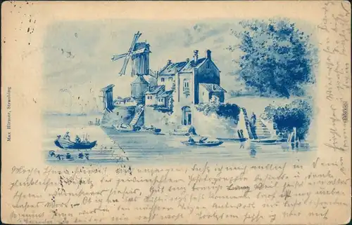 Künstlerkarte: See, Boote, Haus mit Windmühle