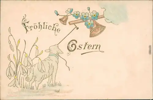  Glückwunsch/Grußkarten: Ostern - Lamm, Glocke, Blumen 1900 Prägekarte