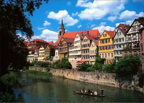 Ansichtskarte Tübingen Neckarpartie mit Stiftskirche und Stocherkahn 1980