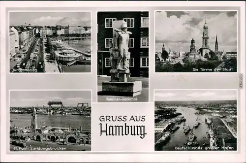 Ansichtskarte Hamburg Jungfernstieg, Denkmal, Landungsbrücken, Hafen 1954