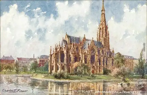 Stuttgart Künstlerkarte v. C. E. Flower: Johanneskirche/Johanniskirche 1910