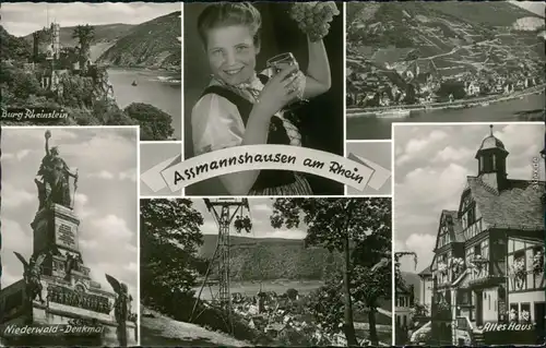 Assmannshausen am Rhein-Rüdesheim Rheinstein, Niederwald-Denkmal, Panorama 1957