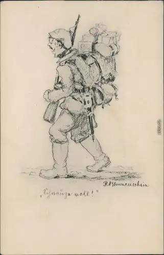 Ansichtskarte  Soldat mit Marschgepäck, Künstlerkarte 1.WK 1915 