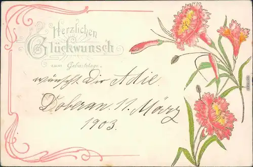 Ansichtskarte  Jugendstil-Blumen - Ornament - Geburtstag 1903 Prägekarte