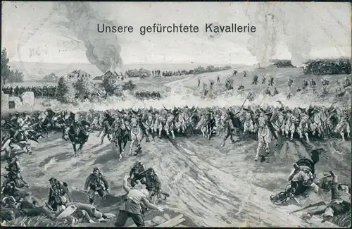 Ansichtskarte  Künsterkarte unsere geflüchtete Kavellerie 1914 