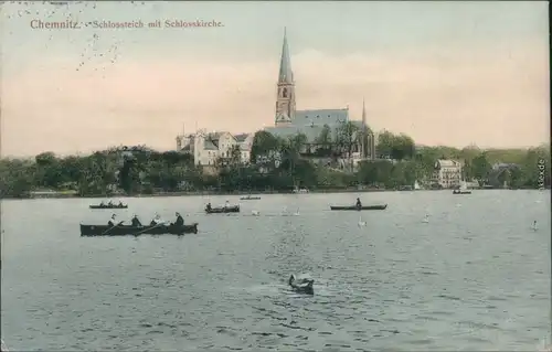 Chemnitz Karl-Marx-Stadt Boote auf dem Schloßteich - Häuser - Kirche 1915 