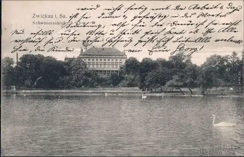 Ansichtskarte Zwickau Schwanenschloß mit Teich 1908