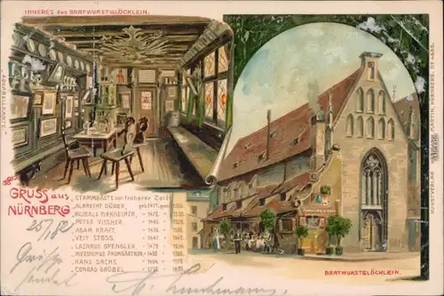 Ansichtskarte Nürnberg 2 Bild: Bratwurstglöcklein innen und außen 1902 