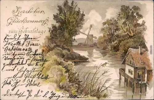 Ansichtskarte  Geburtstag: Künstlerkarte Windmühle 1902 Goldrand