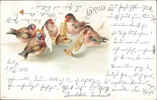 Glückwunsch: anthropomorphe Vögeln als Band mit Trompeten 1902