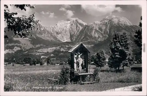Ansichtskarte Schönau am Königssee Feldkreuz mit Bergmassiv 1955