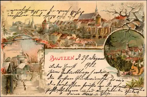 Winter Litho Bautzen Budyšin Panorama, Teilansichten im Winter 1902