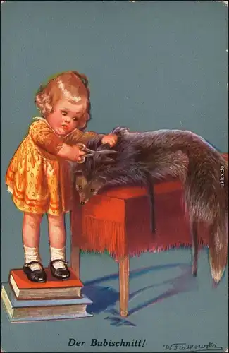 Scherzkarte  - Der Bubischnitt Mädchen schneidet Katzen die Haare 1928