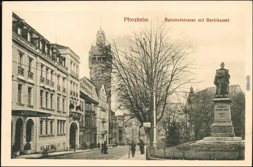 Ansichtskarte Pforzheim Bahnhofstraße mit Bezirksamt 1928