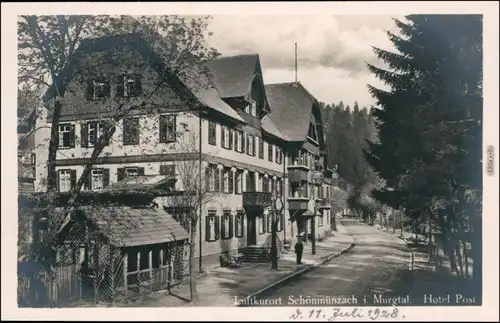 Ansichtskarte Schönmünzach-Baiersbronn Straßenpartie - Hotel zur Post 1928 