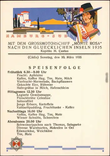  AK- Künstlerkarte Großmotorschiff Monte Rosa Cadiz Hamburg Süd 1935 