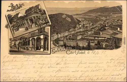 Karlsbad Karlovy Vary 3 Bild Litho: Schloßbrunnen, Marktbrunnen u. STadt 1897 