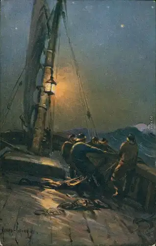 Ansichtskarte  Künstlerkarte v. Ricaho: Fischer holen bei Sturm Netz ein 1914