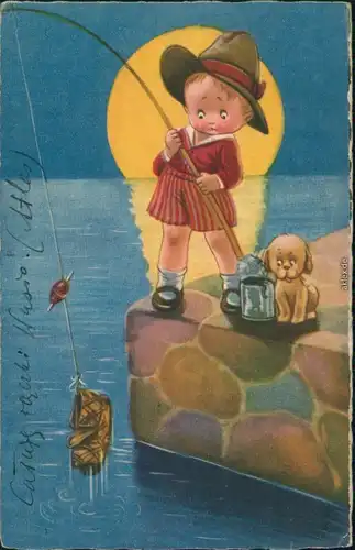 Ansichtskarte  Scherzkarte: Kind angelt Schuh 1929