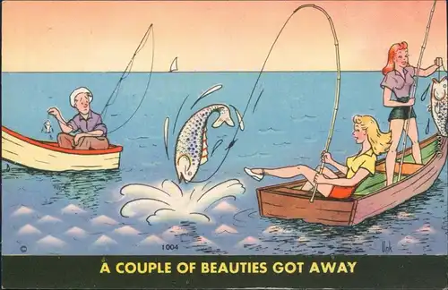  Scherzkarte v. Unk - Frauen angeln großen Fisch, Mann nur einen Kleinen 1955