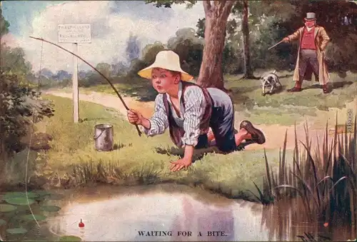  Scherzkarte - Junge kniet am Teich, wartet auf einen Anbiss 1922