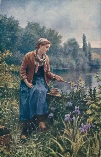 Ansichtskarte  Frau sitzt und angelt am Becken 1919