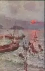  Künstlerkarte: Gemälde - Fischer am Meer mit Booten, Burg 1914
