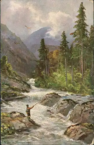 Ansichtskarte  Künstlerkarte - Mann angelt an einem Bergfluss 1914