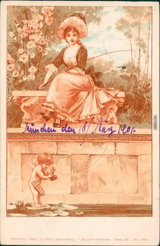 Ansichtskarte  Künstlerkarte - Frau angelt Armors Herz 1901