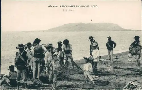Ansichtskarte Málaga Strand - Fischer mit Netz und Kinder 1913