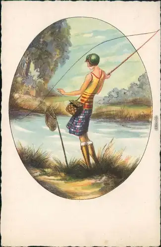 Ansichtskarte  Frau beim Angeln - Mode - Künstlerkarte 1922 