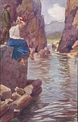 Ansichtskarte  Künstlerkarte - Mann und Frau angeln am Fluss 1913