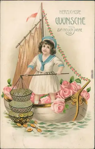 Glückwunsch - Neujahr/Sylvester - Kind fischt Goldstücke Boot 1913 Prägekarte