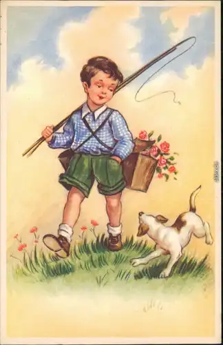 Ansichtskarte  Junge mit Hund und Angelrute 1955