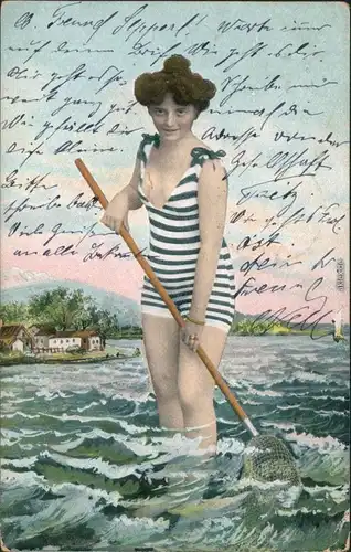 Ansichtskarte  Fischer / Angler - Frau beim Fischen mit Netz 1908