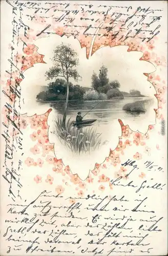Ansichtskarte  Fischer / Angler - Angler mit Boot auf dem Teich 1901