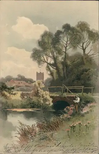 Ansichtskarte  Fischer / Angler - Gemälde - Angler am Fluss - Brücke 1906