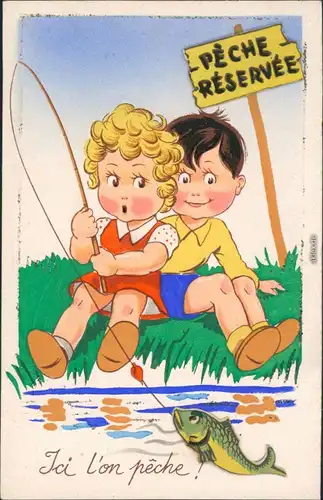 Ansichtskarte  Scherzkarte: Kinder angeln - Fisch reserviert 1953 Prägekarte