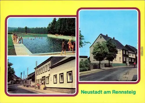 Ansichtskarte Neustadt am Rennsteig Freibad, Straße, Wohnhäuser 1982