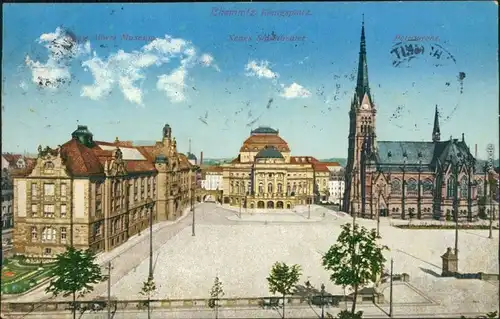 Chemnitz Karl-Marx-Stadt Königsplatz  Albert Museum, Neues Stadttheater,   1913