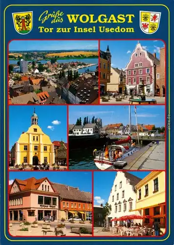 Ansichtskarte Wolgast Markt, Brunnen, Rathaus, Hafen, Gaststätte 2000