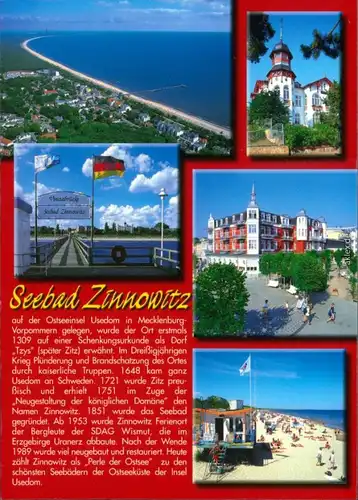 Ansichtskarte Zinnowitz Ludtbild, Seebrücke, Hotel, Strand 2000