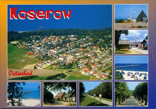 Ansichtskarte Koserow Luftbild, Strand, Allee, Schilfhäuser 2000