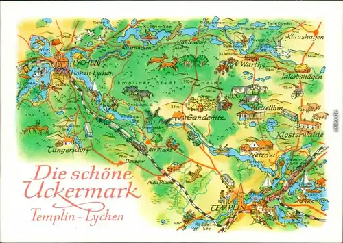 Ansichtskarte Templin Lychen Schöne Uckermark Landkarte 1989